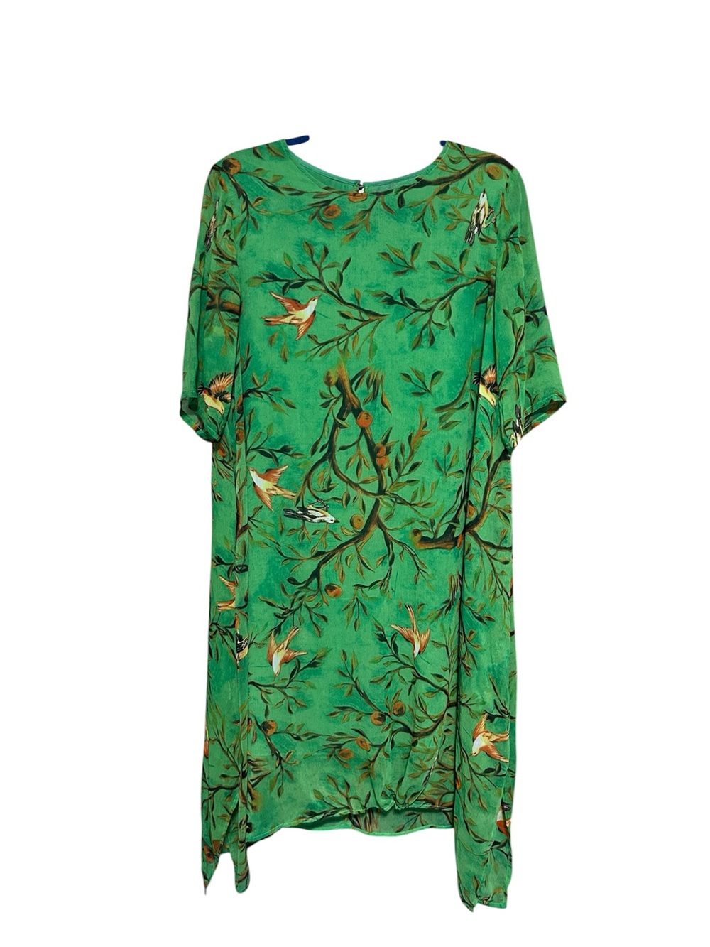 Flowy Green Bird Print Dress | Layered Chiffon Tunic | XXL | Enchanted Garden